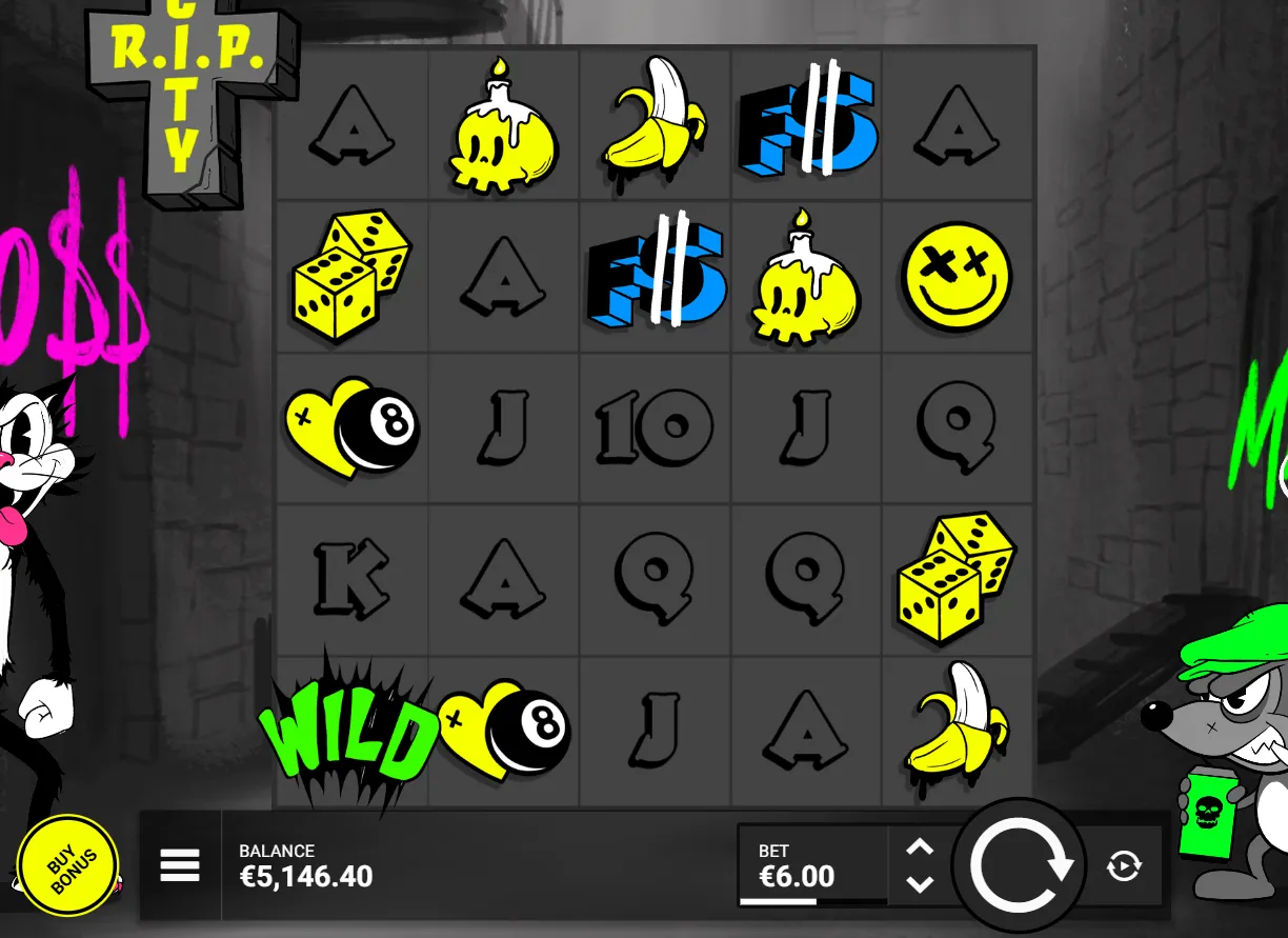 Rip City slot basispel - 5x5 speelveld met Ro$$ the Cat en Maxx the Mouse aan beide kanten van de reels